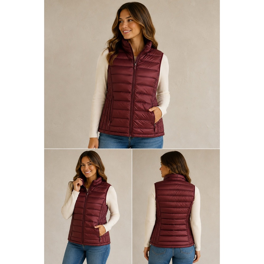 Heatkeep Puffer Vest Women XL Burgundy Excellent Down Insulated Quilted Zip Up